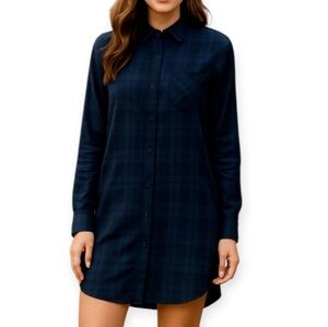 Rails Bianca Plaid Rayon Button Up Shirt Dress Long Sleeve Blue and Navy Small